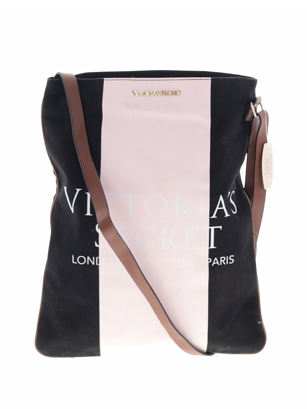 Victoria's Secret Black and Pink Vertical Stripe Tote with Brown Strap
